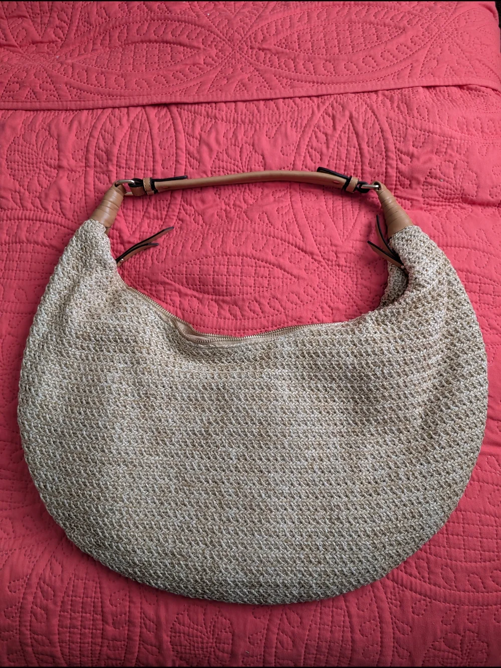 Woven Beige Straw Hobo Bag with Tan Floral Appliqués